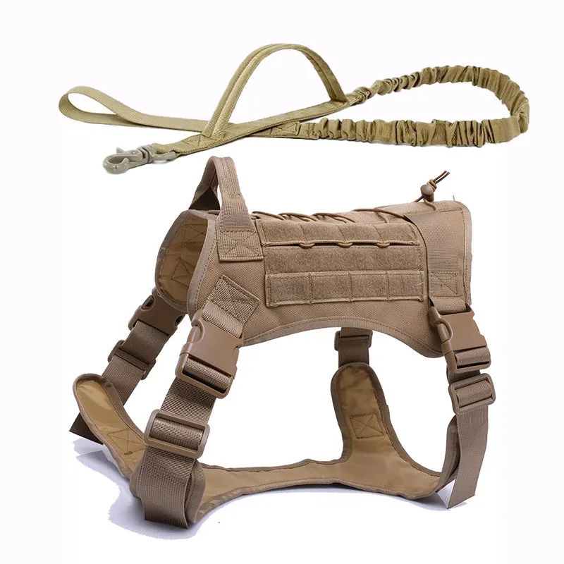 Tactical nylon dog vest with adjustable straps in army green on outdoor backdrop