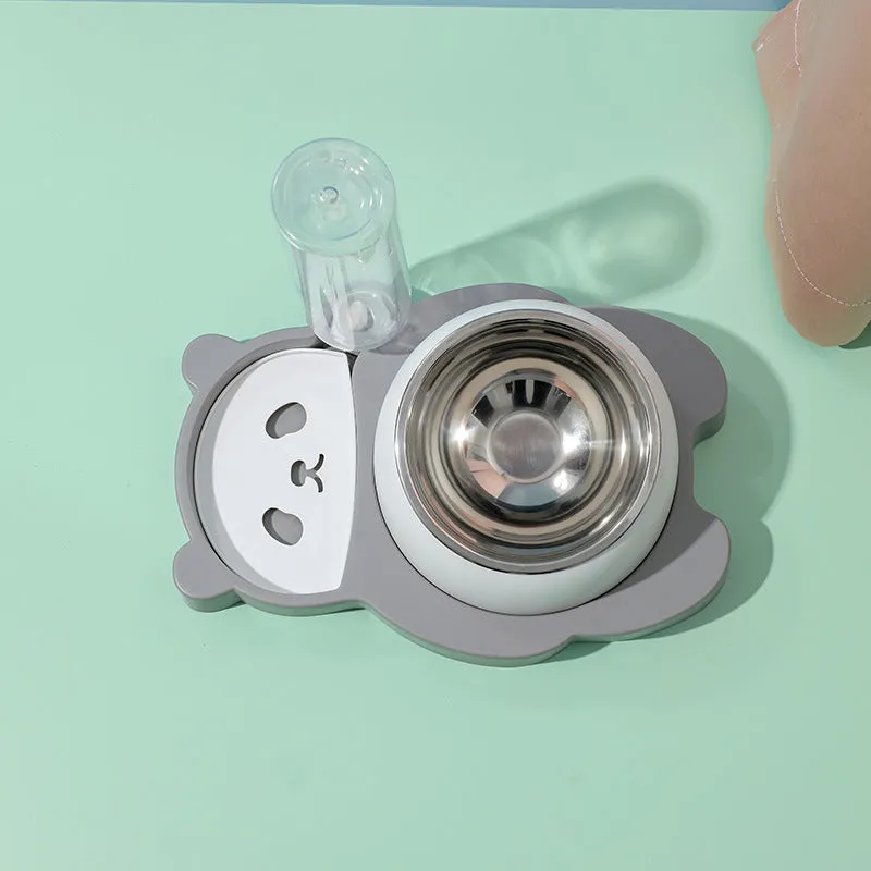 Grey panda-design automatic pet feeder with water bottle and tilted stainless steel bowls
