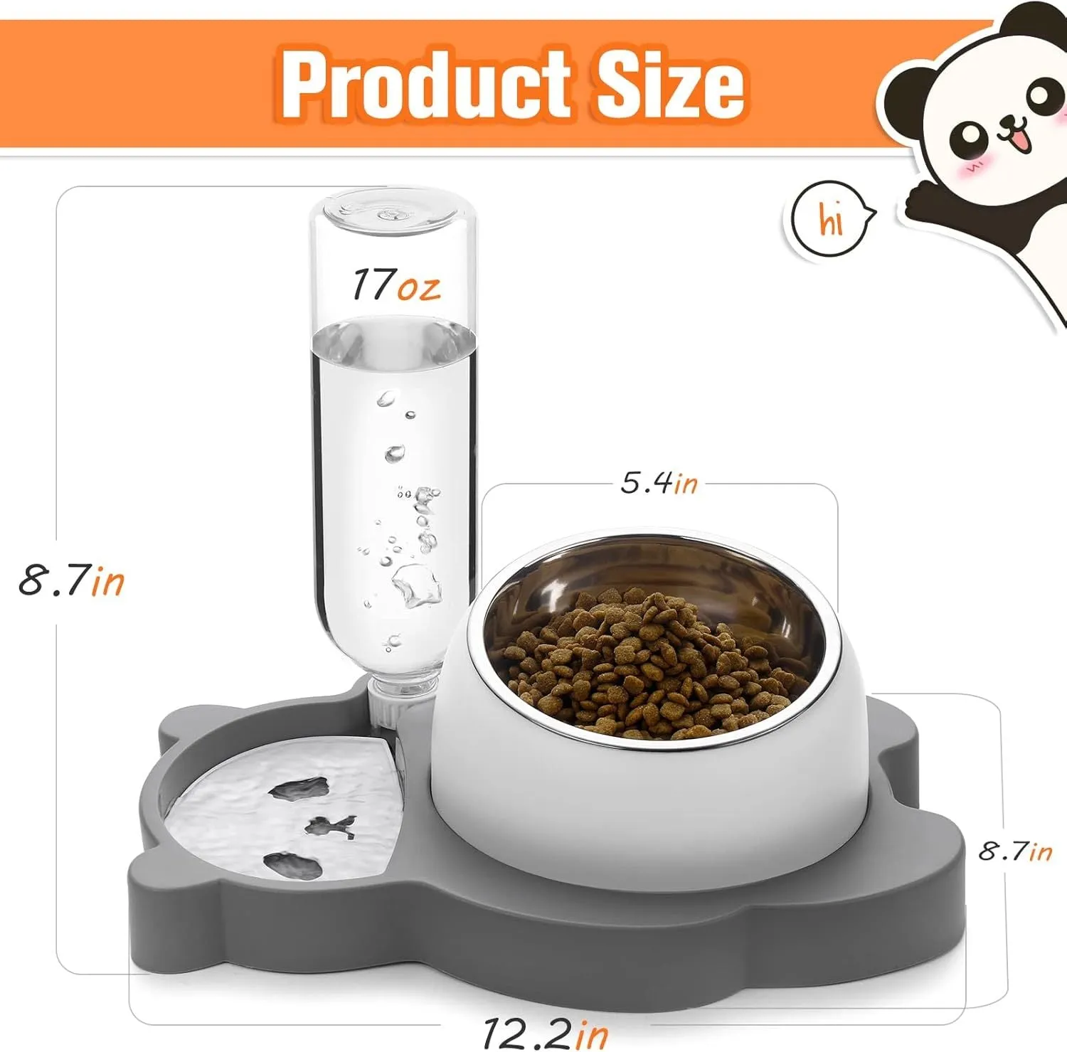 Grey panda-design automatic pet feeder with water bottle and tilted stainless steel bowls