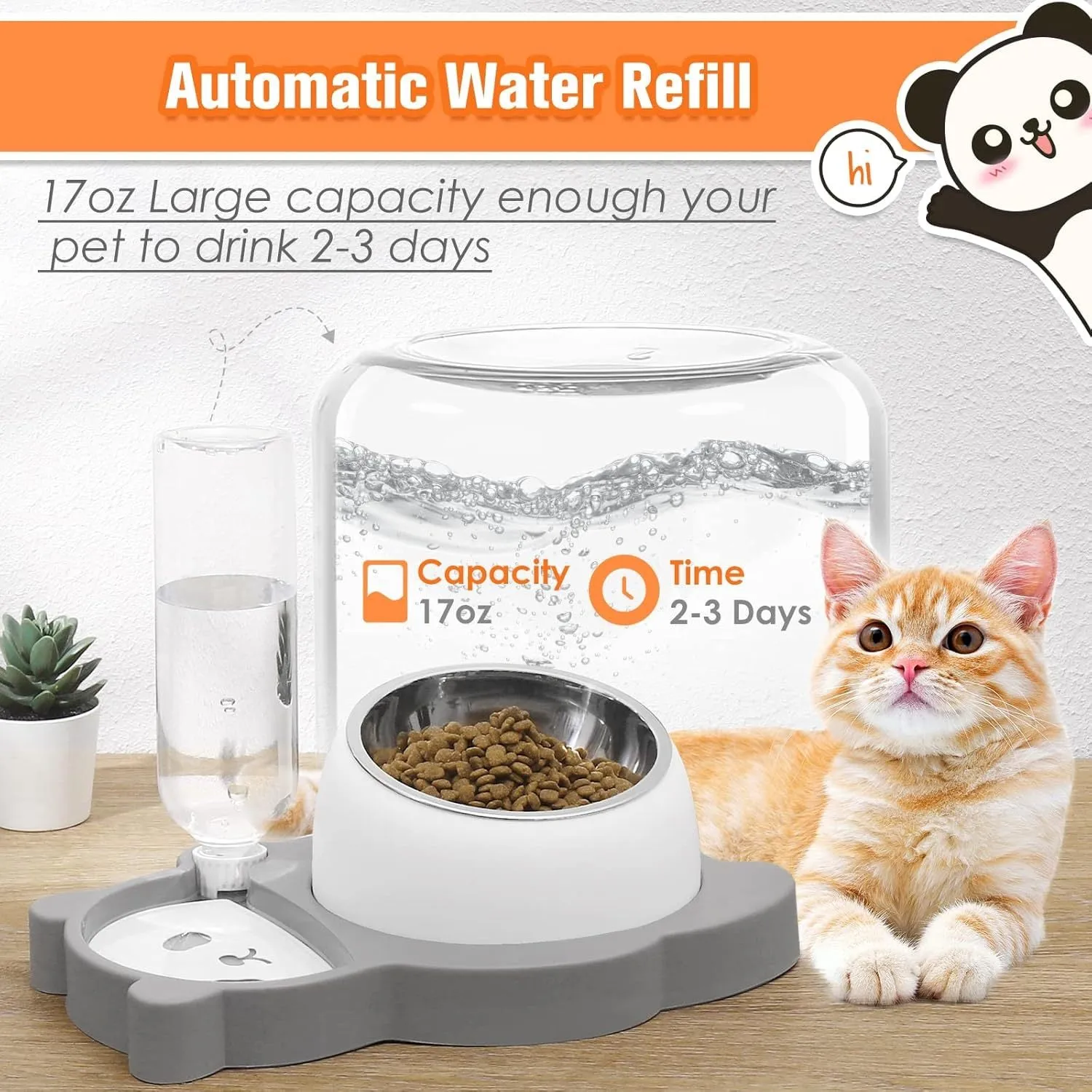 Grey panda-design automatic pet feeder with water bottle and tilted stainless steel bowls