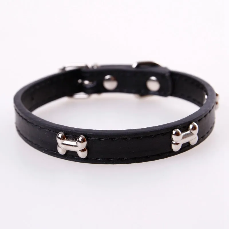 PU adjustable pet neck ring collar in black on a light background showing buckle and size details