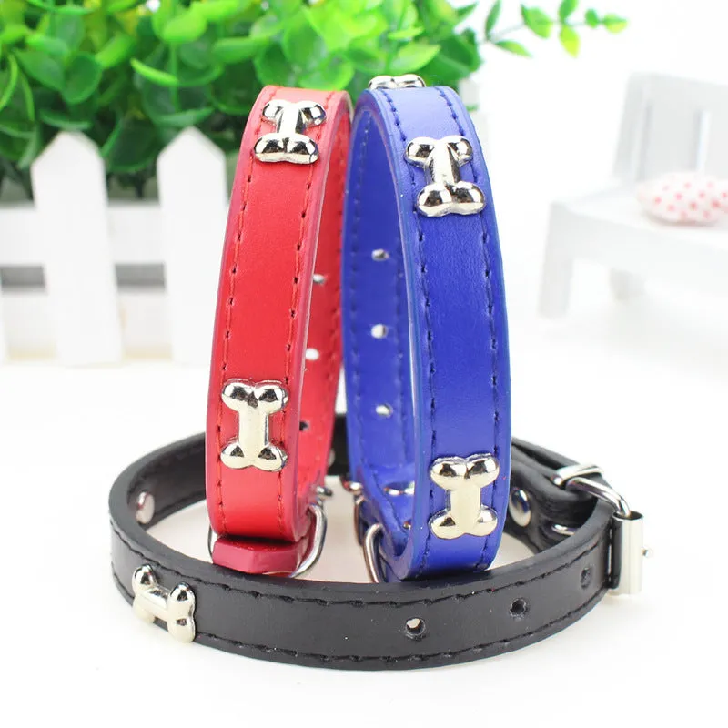 PU adjustable pet neck ring collar in black on a light background showing buckle and size details