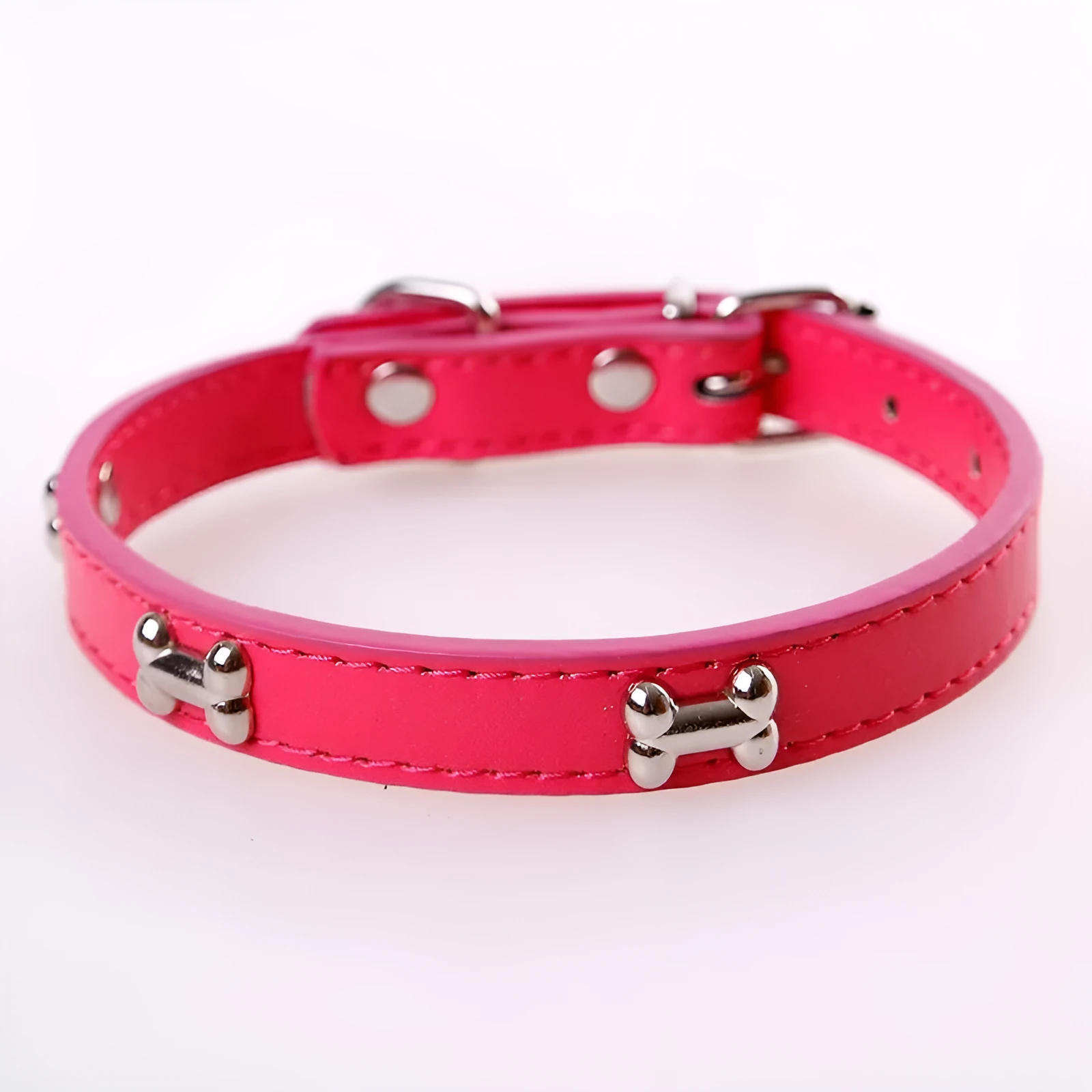 PU adjustable pet neck ring collar in black on a light background showing buckle and size details