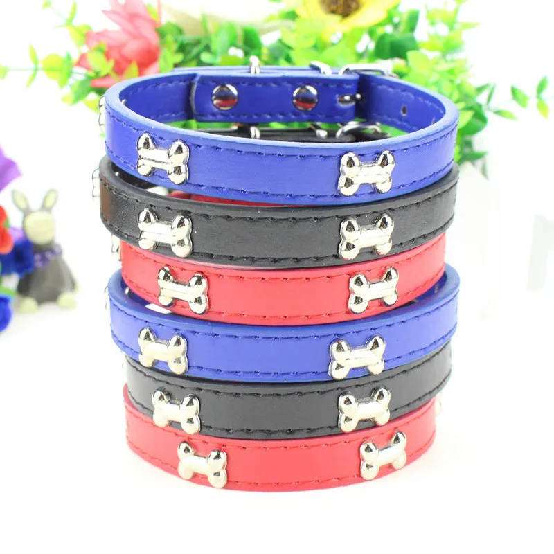 PU adjustable pet neck ring collar in black on a light background showing buckle and size details