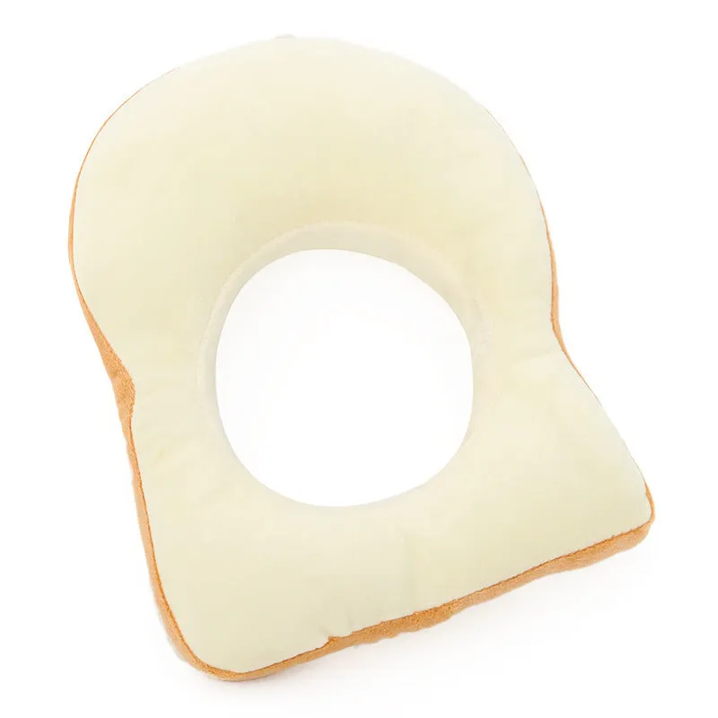 Cat wearing plush toast headdress collar with soft fabric, chain strap, side view on white background