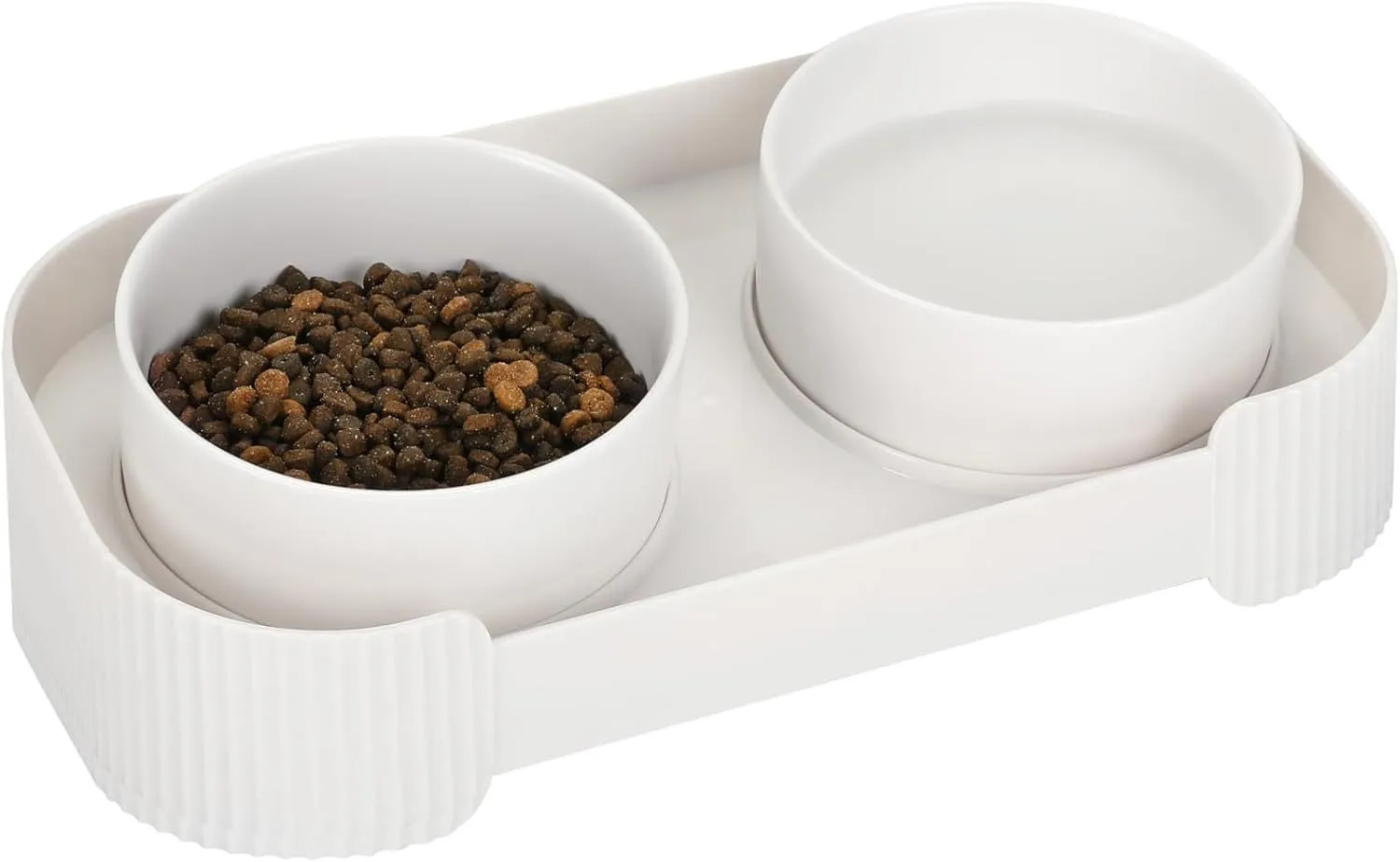 Green ceramic elevated cat bowl set with 15 degree tilt on a white base
