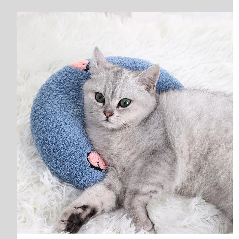 U-shaped cat pillow in blue with soft polyester fabric, size 24x20x7cm