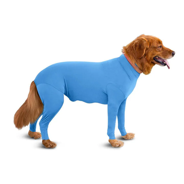 Zhongda four-legged elastic dog clothing in blue on a small dog, showing full body coverage and leg openings.