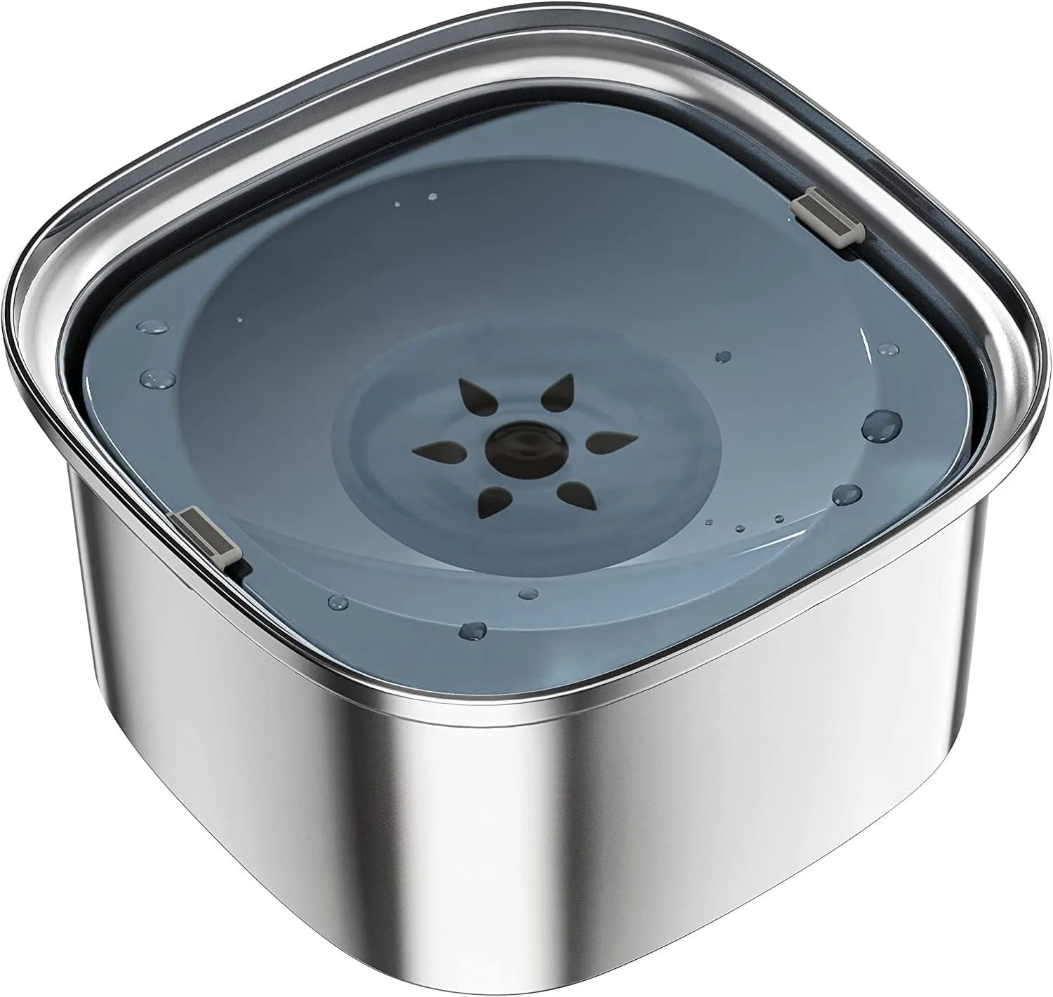 Large capacity stainless steel pet water bowl with floating design in blue