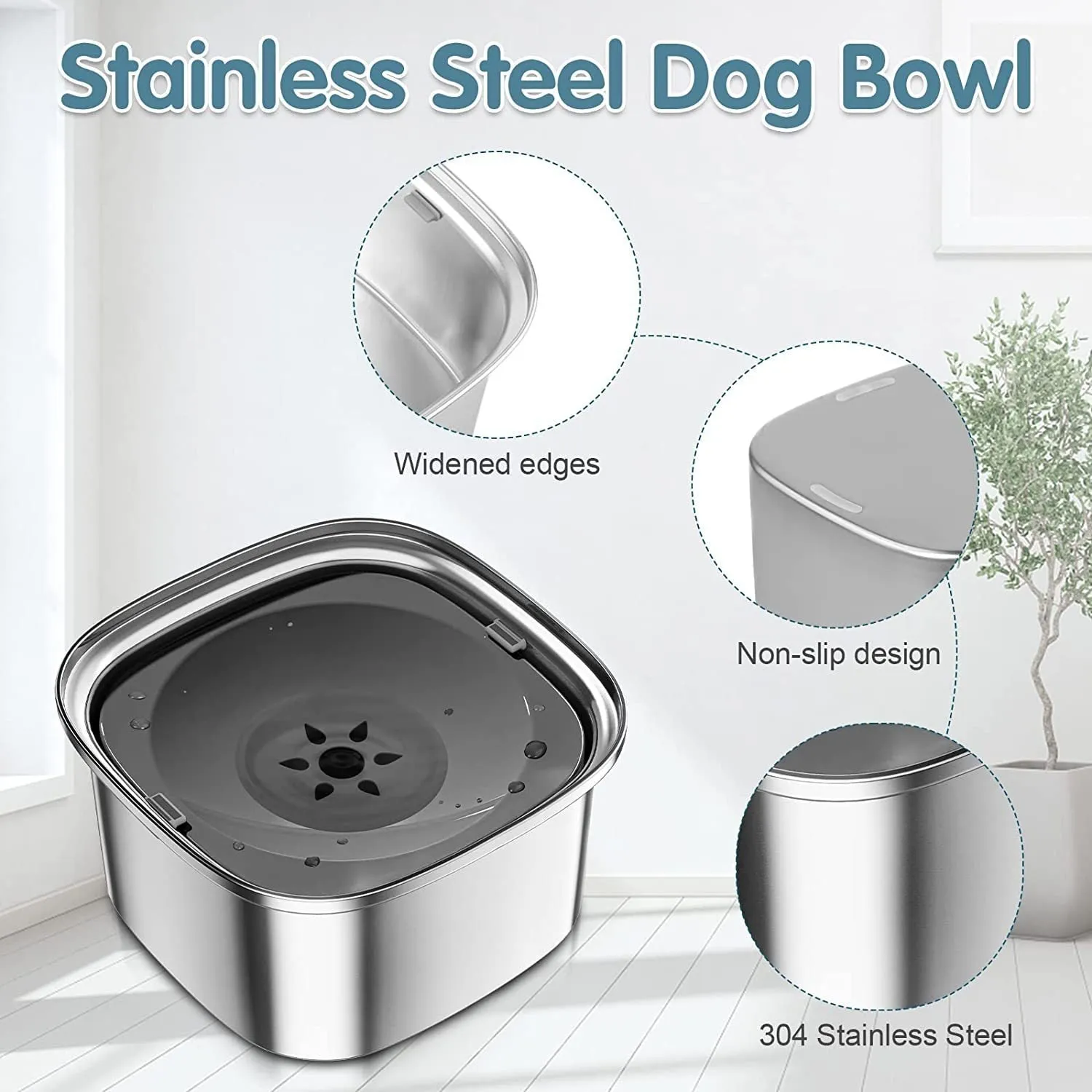 Large capacity stainless steel pet water bowl with floating design in blue