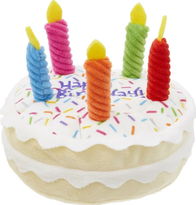 Pet plush toy dog birthday gift with squeaker in birthday cake design, 7 inches wide, soft plush material