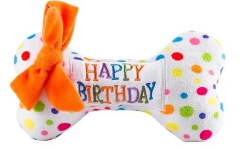 Pet plush toy dog birthday gift with squeaker in birthday cake design, 7 inches wide, soft plush material