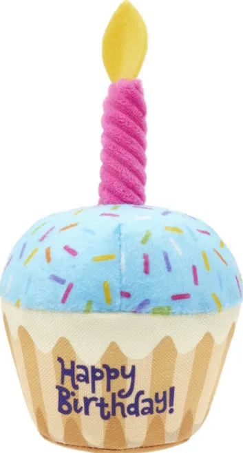 Pet plush toy dog birthday gift with squeaker in birthday cake design, 7 inches wide, soft plush material