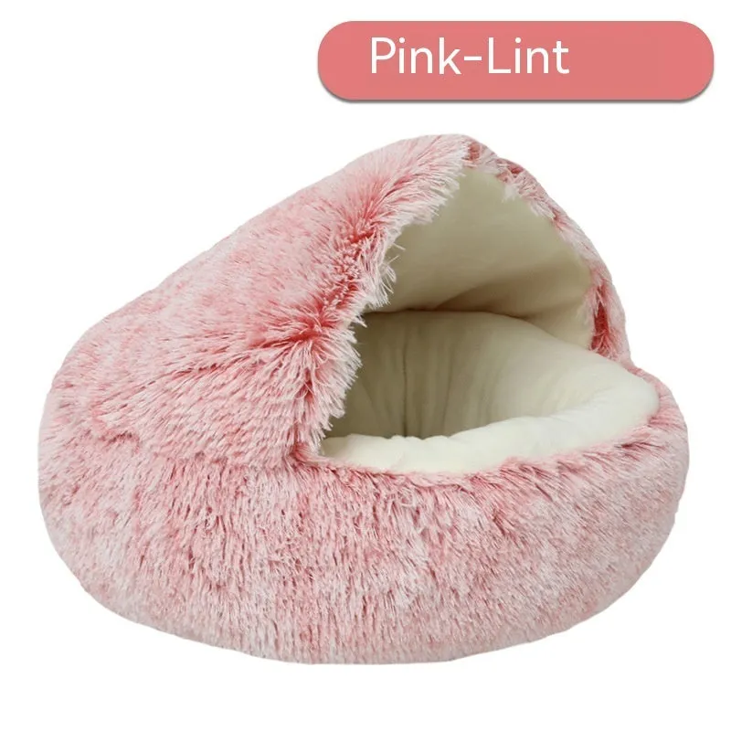 Semi-enclosed cloth pet bed in shell nest gradient grey with long down plush finish, suitable for cats up to 5kg