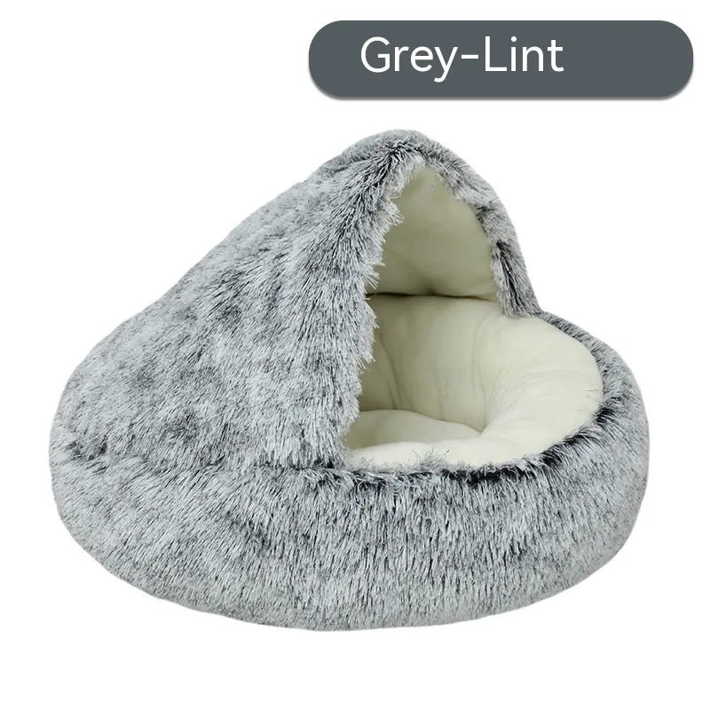 Semi-enclosed cloth pet bed in shell nest gradient grey with long down plush finish, suitable for cats up to 5kg