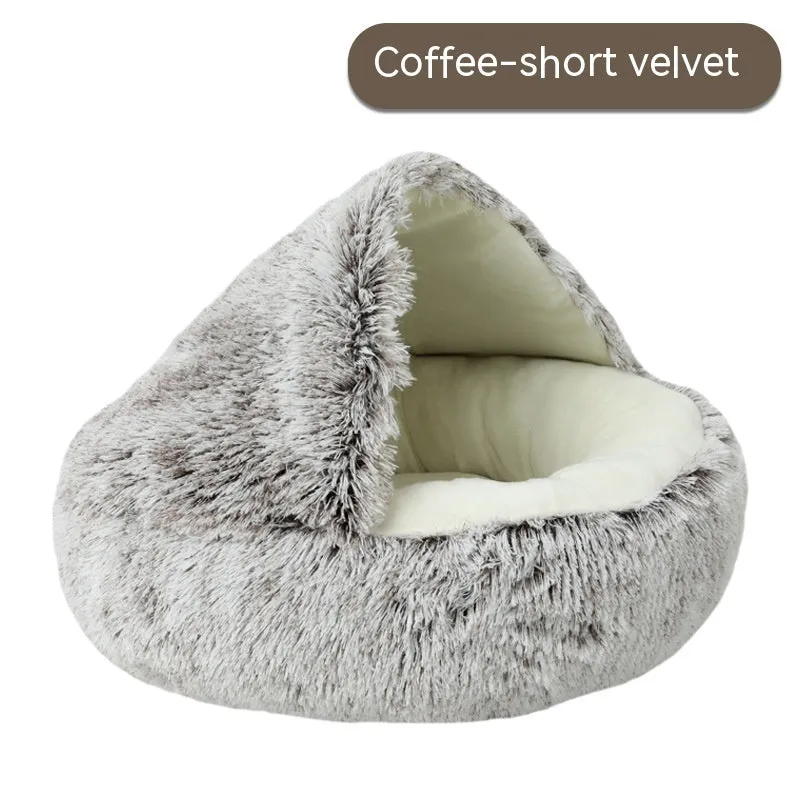 Semi-enclosed cloth pet bed in shell nest gradient grey with long down plush finish, suitable for cats up to 5kg