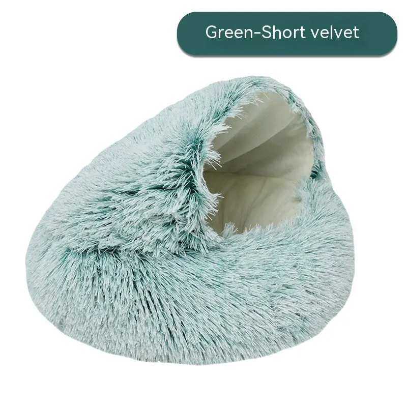 Semi-enclosed cloth pet bed in shell nest gradient grey with long down plush finish, suitable for cats up to 5kg