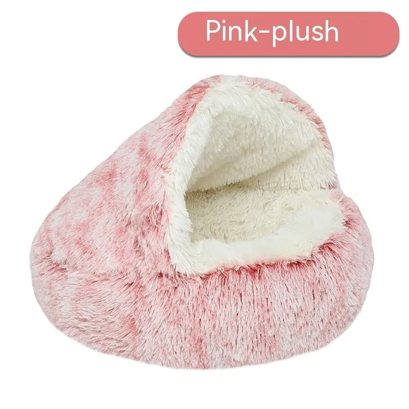 Semi-enclosed cloth pet bed in shell nest gradient grey with long down plush finish, suitable for cats up to 5kg