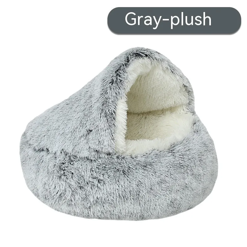 Semi-enclosed cloth pet bed in shell nest gradient grey with long down plush finish, suitable for cats up to 5kg