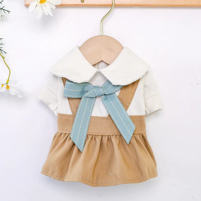 Khaki bowknot student dress for dogs and cats made from polyester in sizes XS to XL