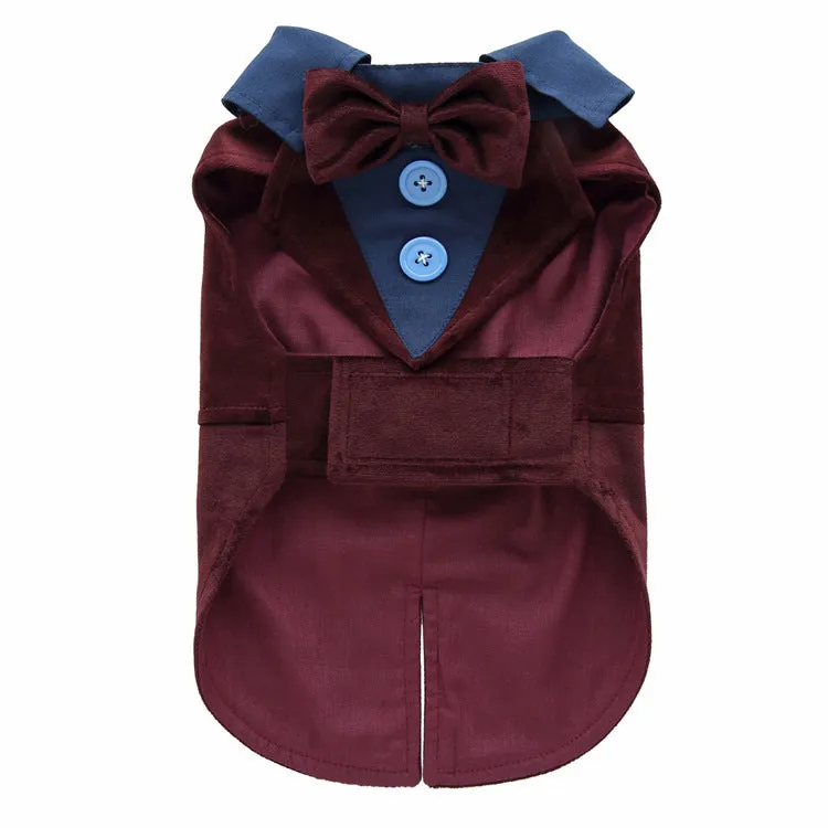 Dog wearing polyester tuxedo dress shirt in plain pattern, available in multiple sizes and colours