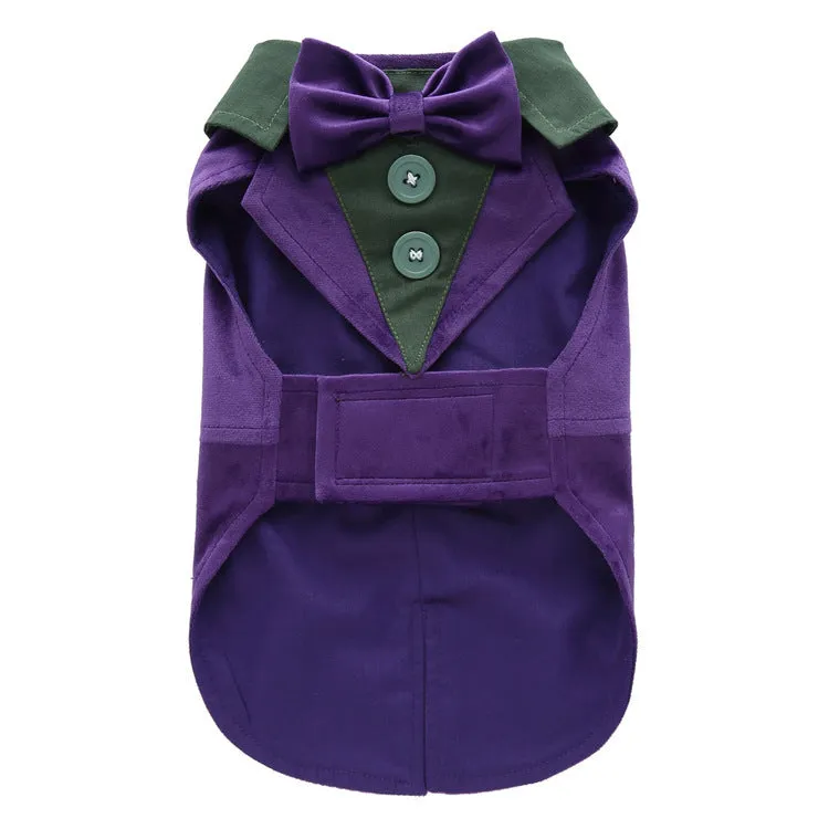 Dog wearing polyester tuxedo dress shirt in plain pattern, available in multiple sizes and colours