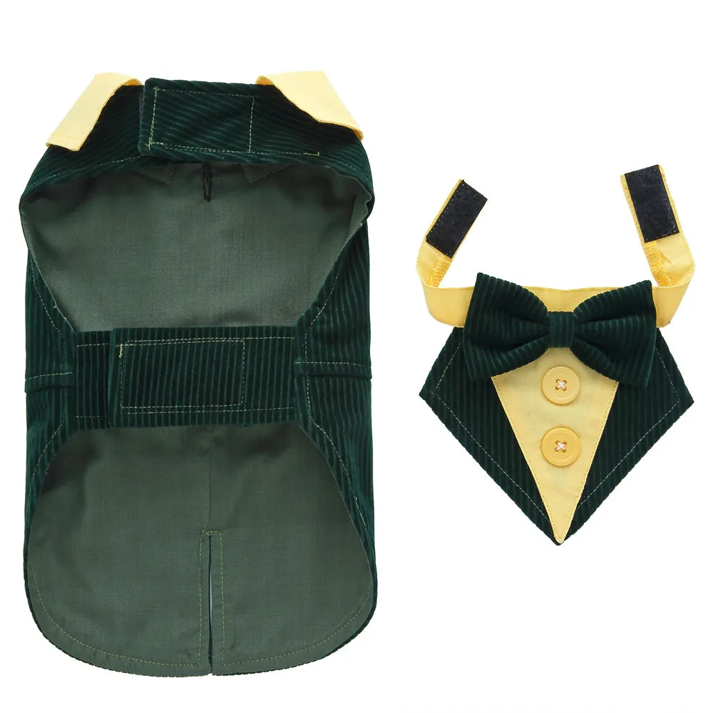 Dog wearing polyester tuxedo dress shirt in plain pattern, available in multiple sizes and colours