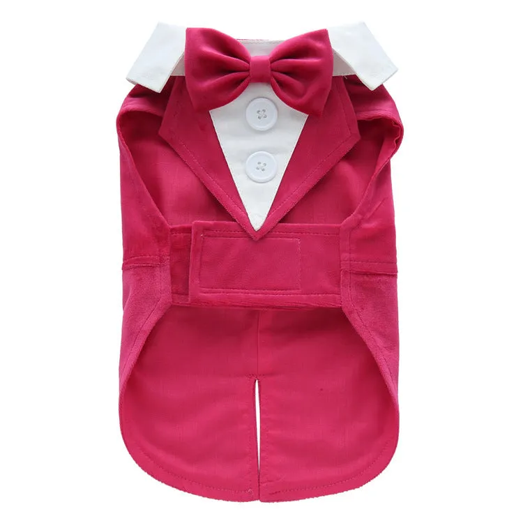 Dog wearing polyester tuxedo dress shirt in plain pattern, available in multiple sizes and colours