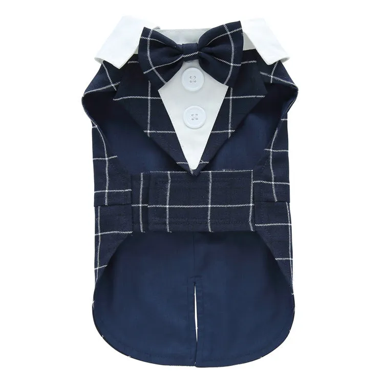 Dog wearing polyester tuxedo dress shirt in plain pattern, available in multiple sizes and colours