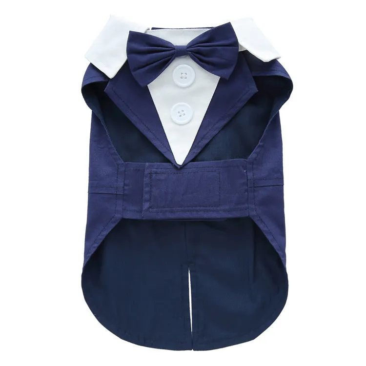 Dog wearing polyester tuxedo dress shirt in plain pattern, available in multiple sizes and colours