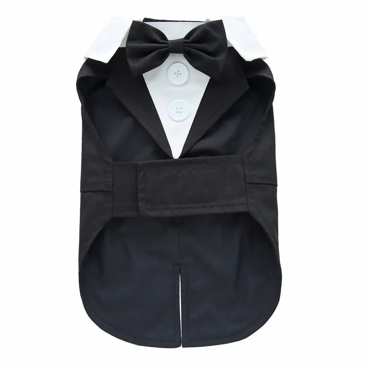 Dog wearing polyester tuxedo dress shirt in plain pattern, available in multiple sizes and colours