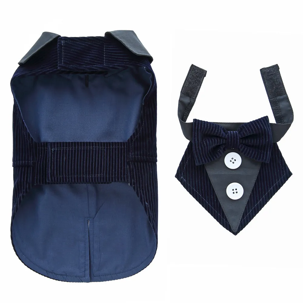 Dog wearing polyester tuxedo dress shirt in plain pattern, available in multiple sizes and colours