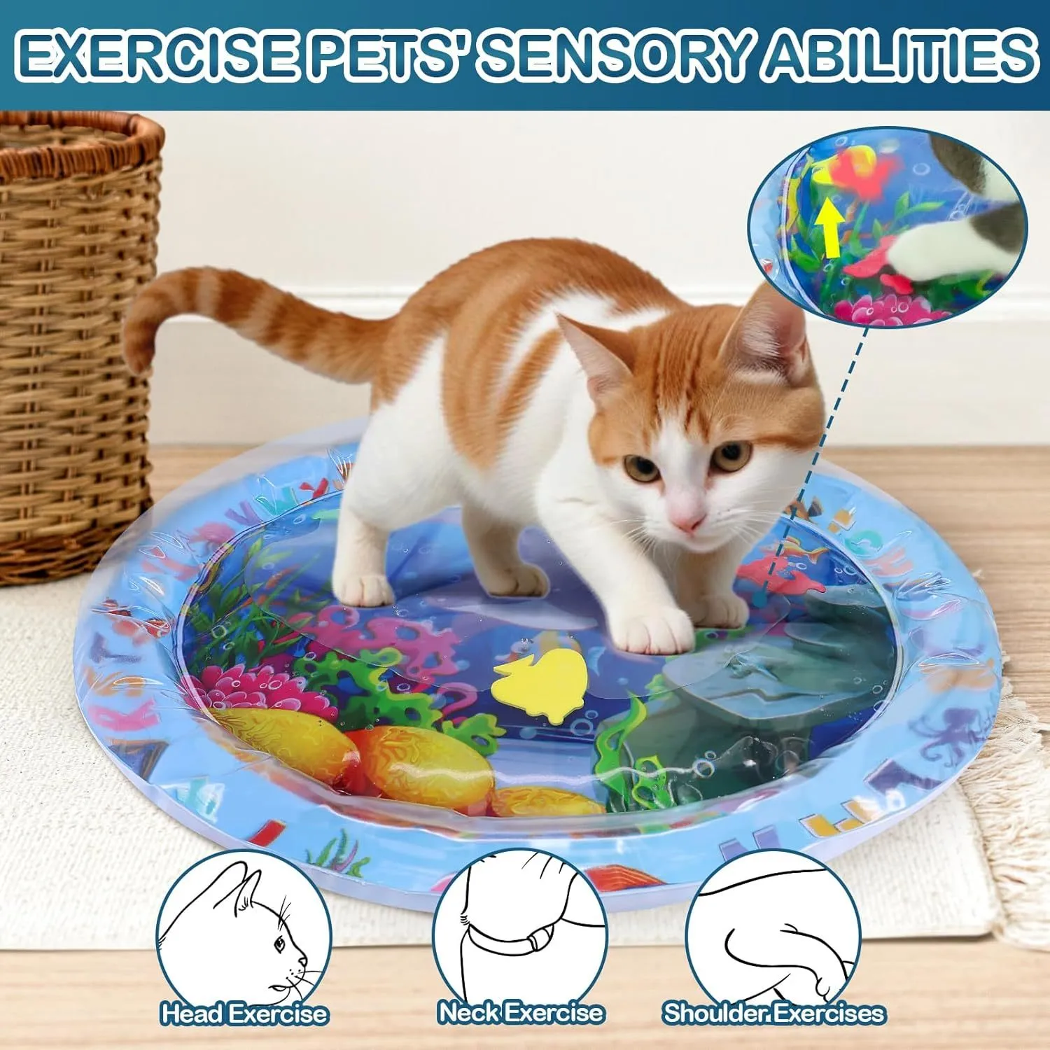 Square blue PVC water playmat for cats with floating fish toys inside, shown inflated on a floor.