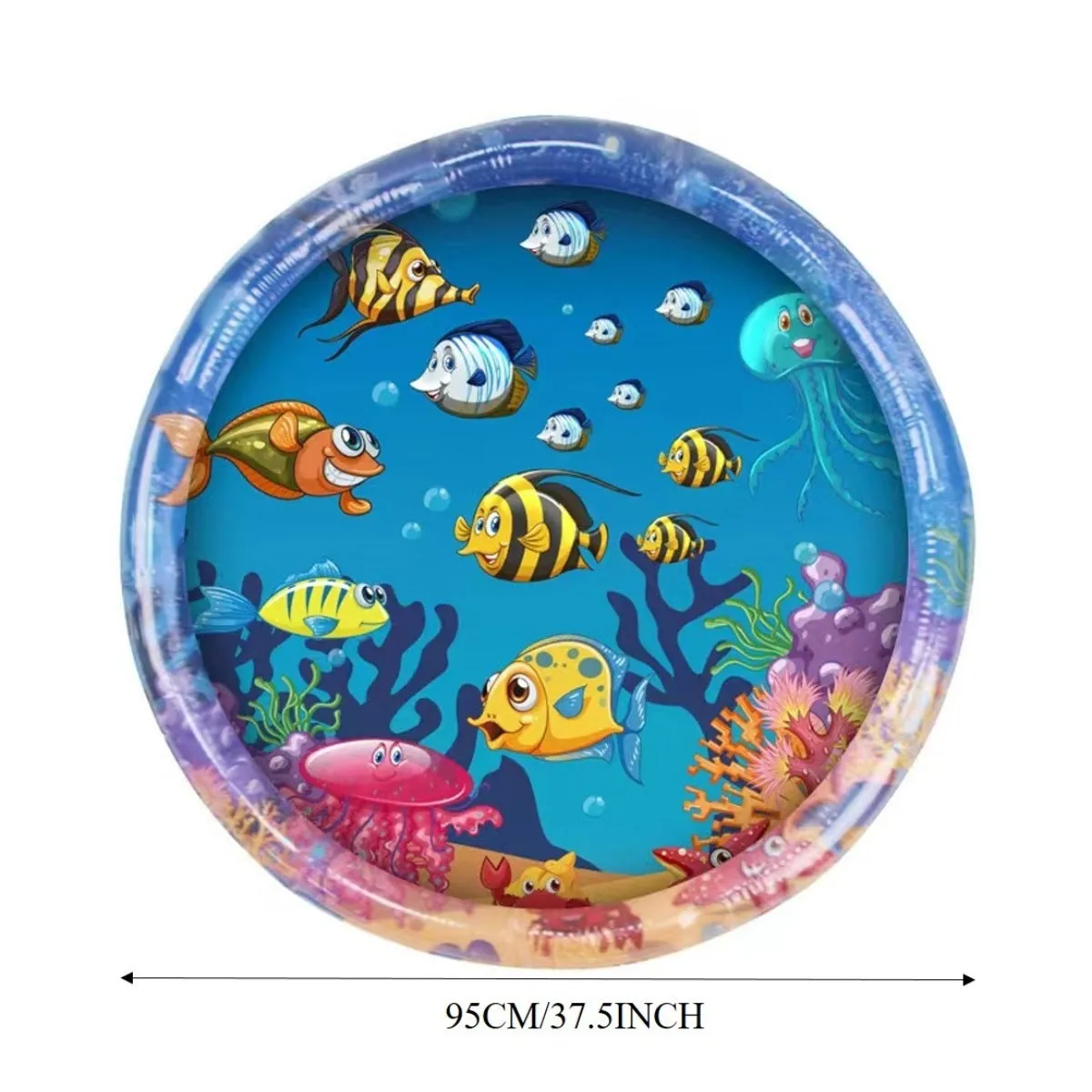 Square blue PVC water playmat for cats with floating fish toys inside, shown inflated on a floor.