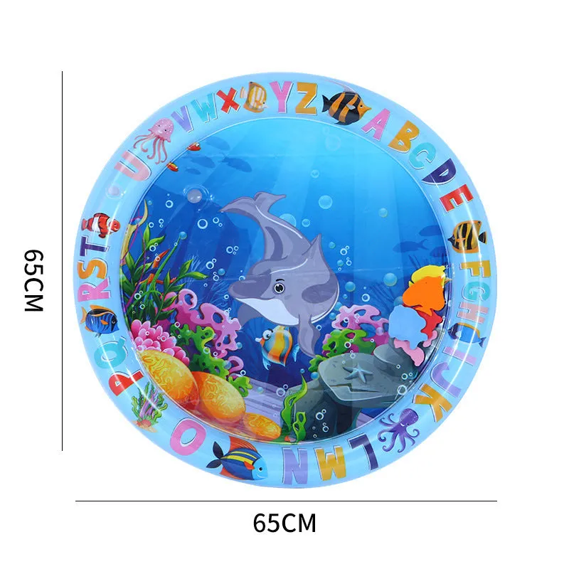 Square blue PVC water playmat for cats with floating fish toys inside, shown inflated on a floor.