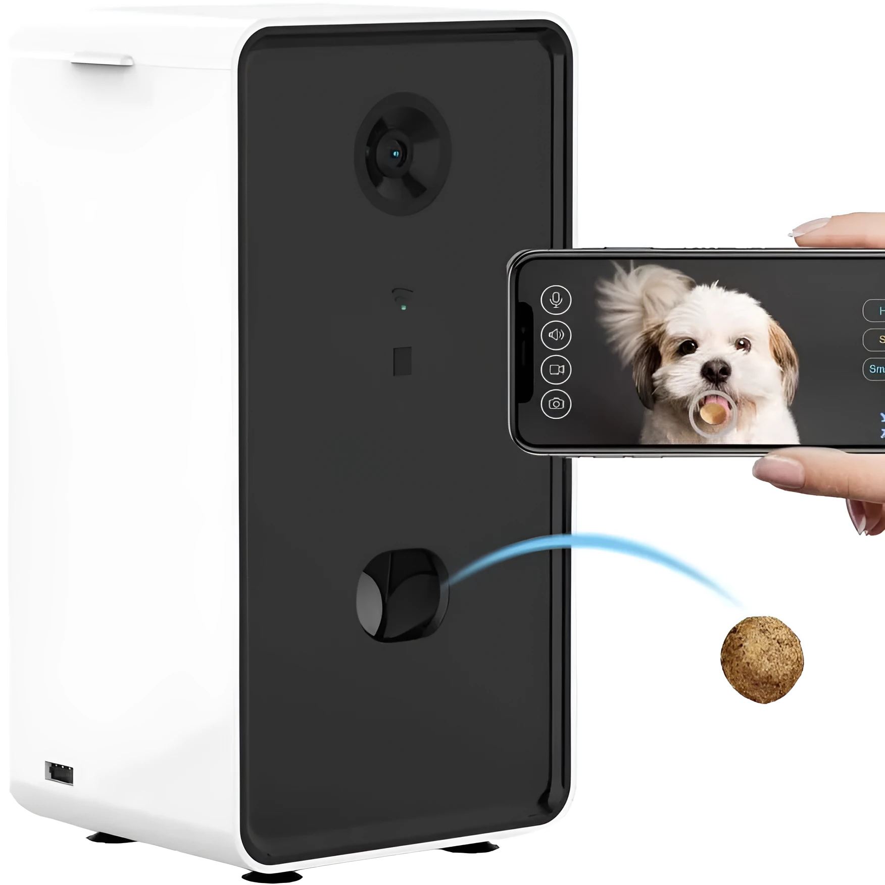 White smart pet feeder interactive toy with 0.5L capacity and Alexa compatibility on a countertop