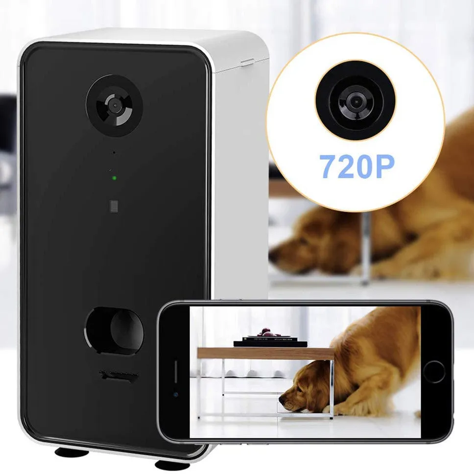White smart pet feeder interactive toy with 0.5L capacity and Alexa compatibility on a countertop