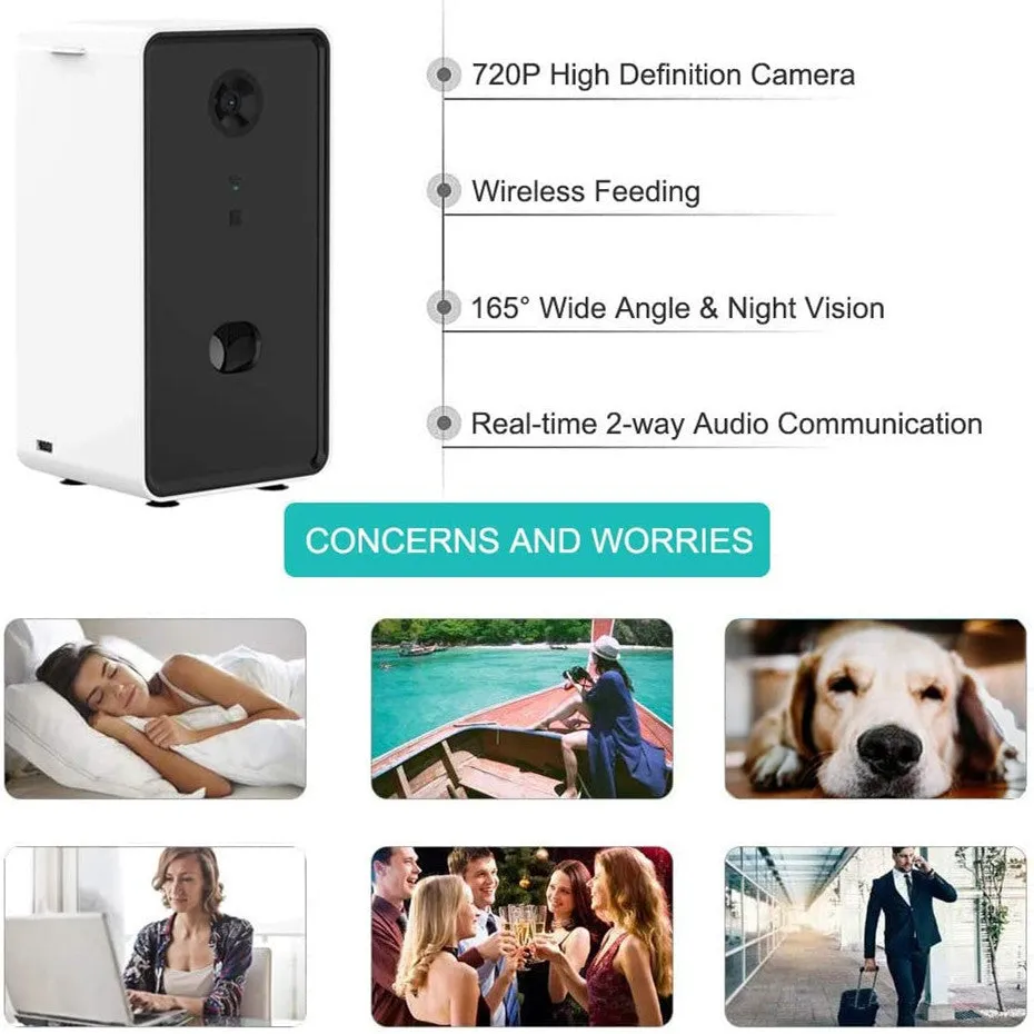 White smart pet feeder interactive toy with 0.5L capacity and Alexa compatibility on a countertop