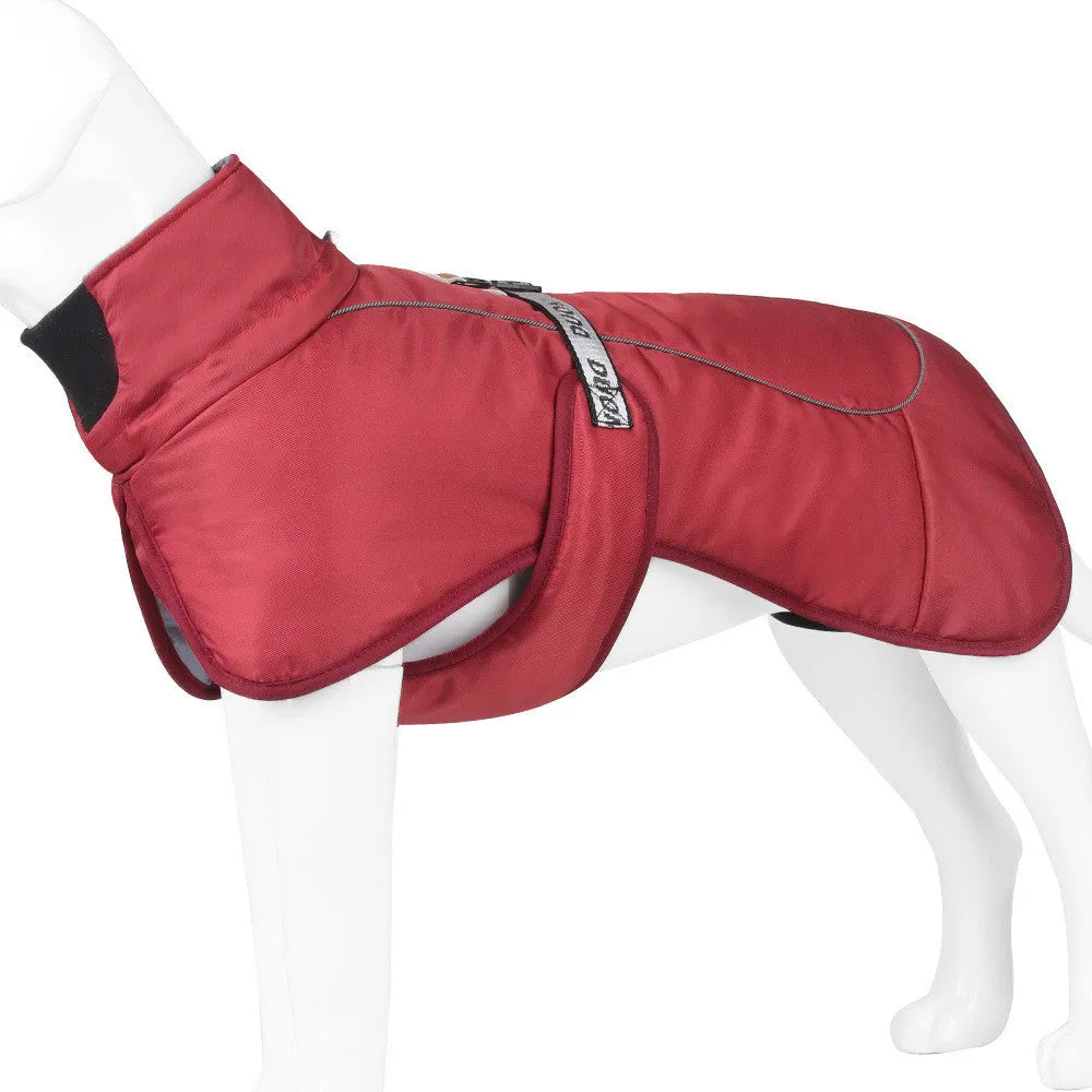 Dog wearing thickened warm reflective cloak-style vest in polyester, available in multiple sizes