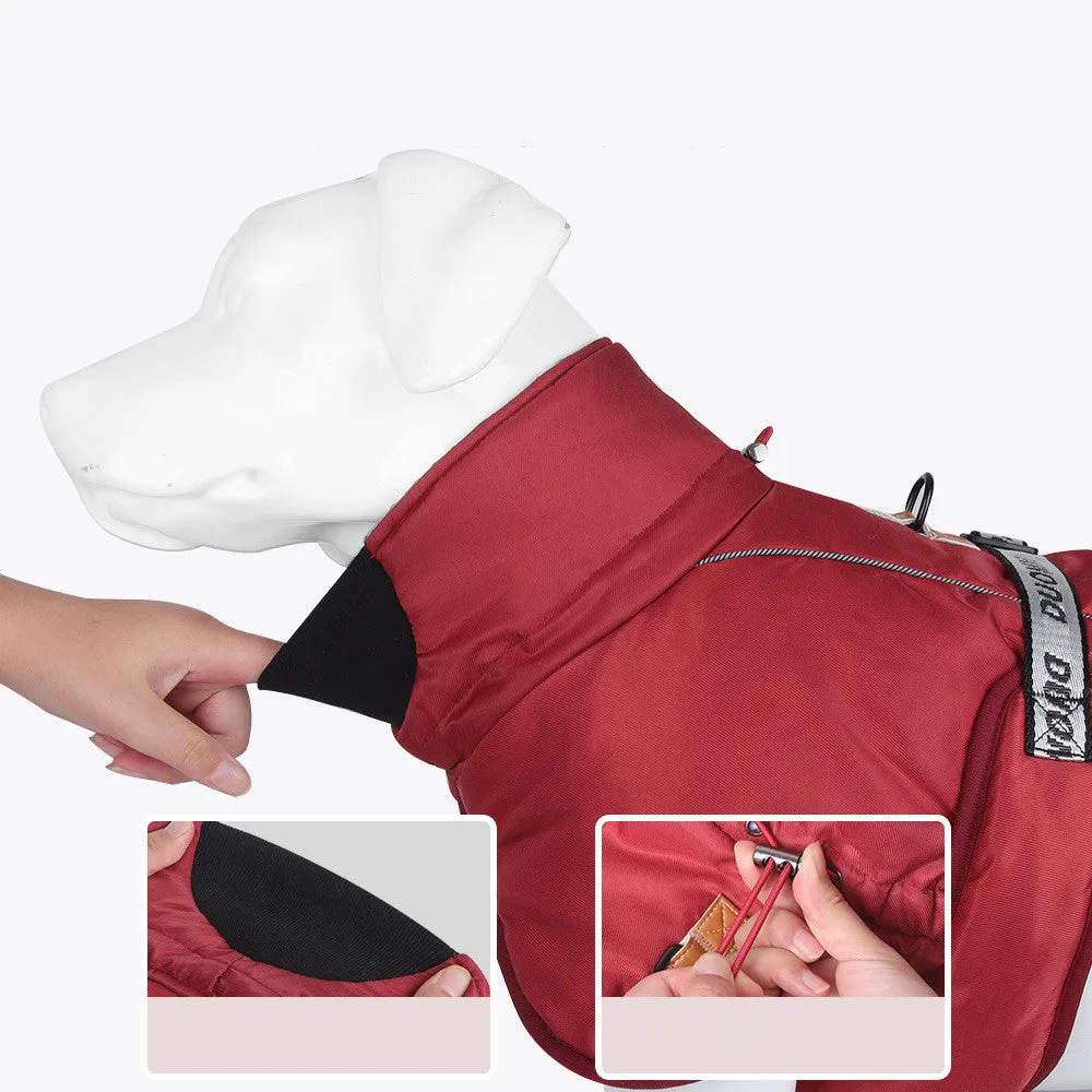 Dog wearing thickened warm reflective cloak-style vest in polyester, available in multiple sizes