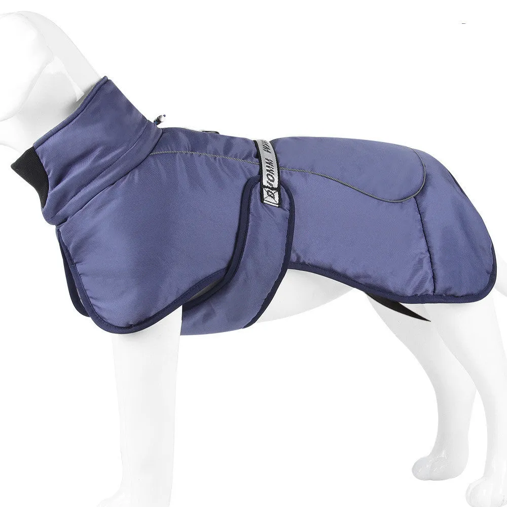 Dog wearing thickened warm reflective cloak-style vest in polyester, available in multiple sizes