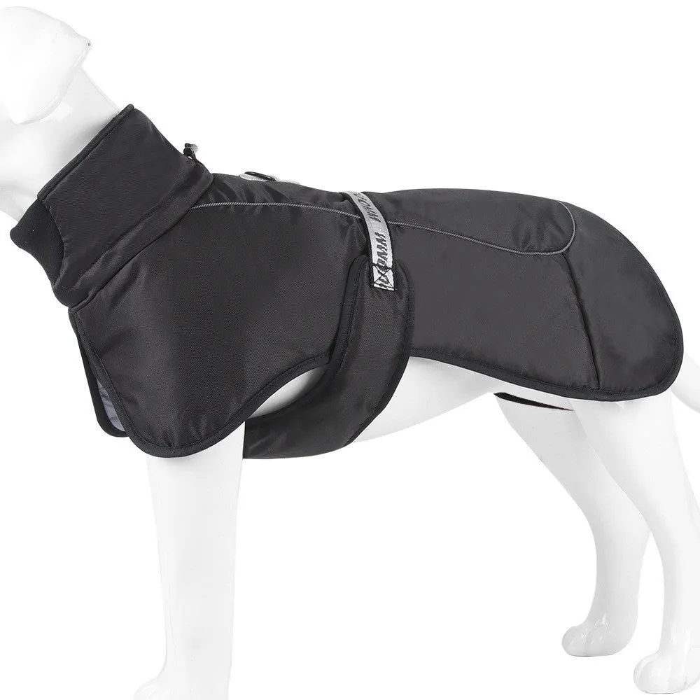 Dog wearing thickened warm reflective cloak-style vest in polyester, available in multiple sizes