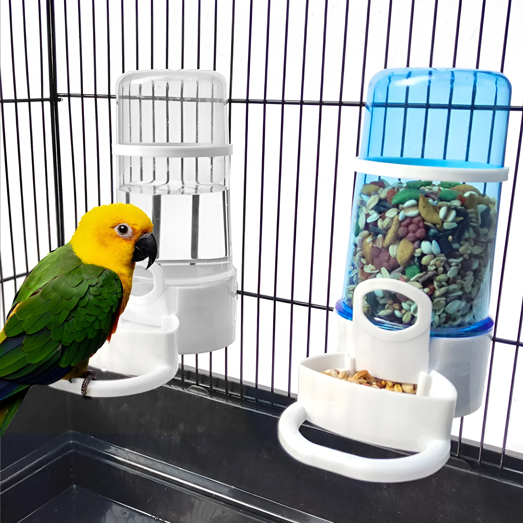 Blue edible bird water pipe with large 7cm diameter bottle for cages with 1-1.5cm wire spacing
