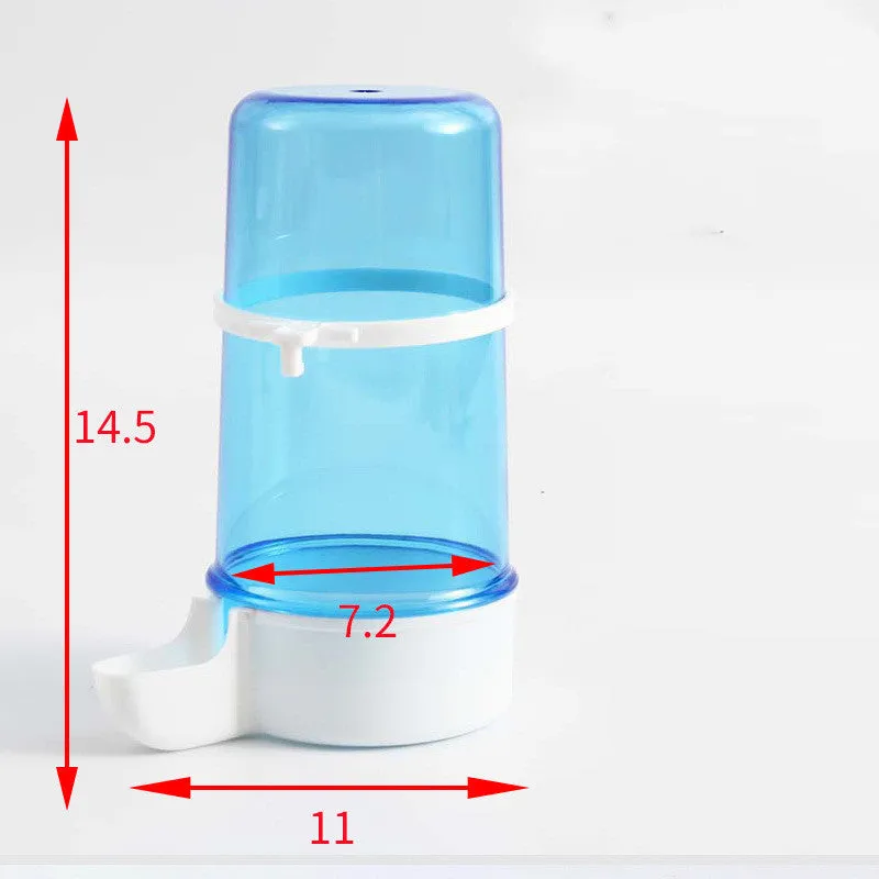 Blue edible bird water pipe with large 7cm diameter bottle for cages with 1-1.5cm wire spacing