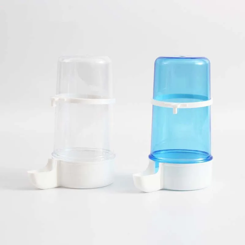 Blue edible bird water pipe with large 7cm diameter bottle for cages with 1-1.5cm wire spacing