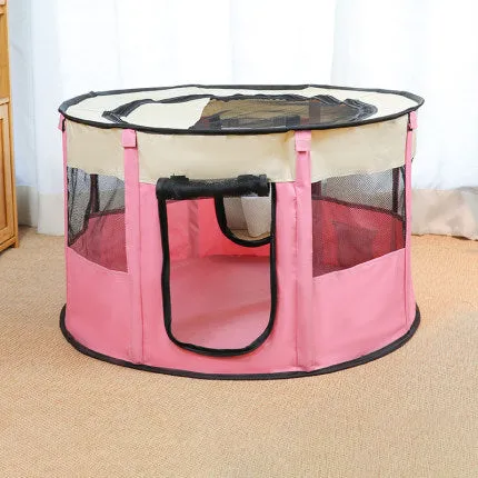 Removable Oxford cloth pet house in pink with breathable net sides and detachable window for dogs and cats