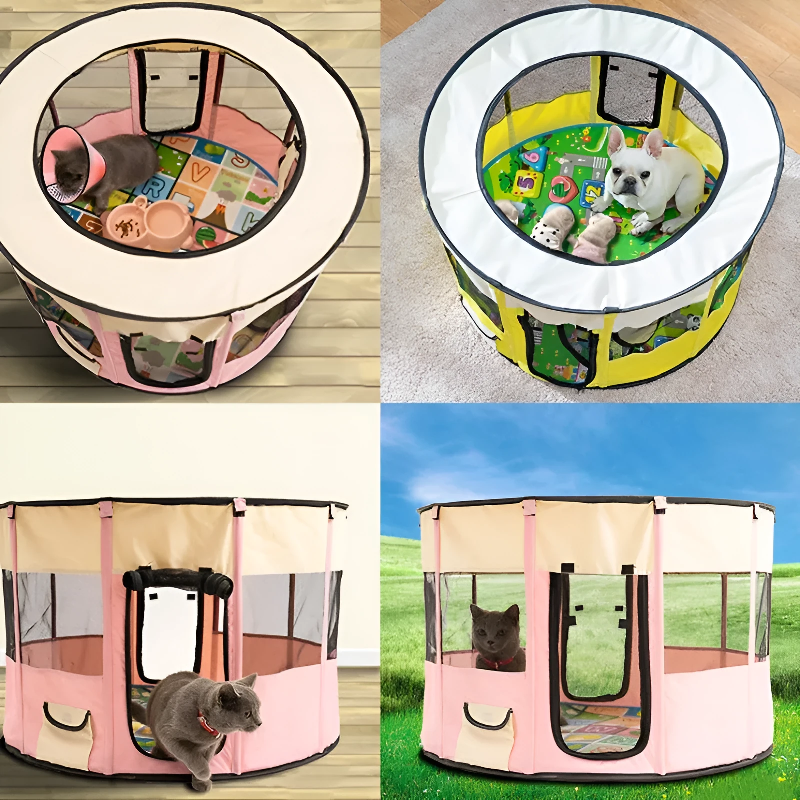 Removable Oxford cloth pet house in pink with breathable net sides and detachable window for dogs and cats