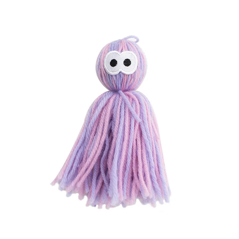 Hanging wool cat ball toy with teaser stick in blue grey, pink and blue, or pink purple colour options