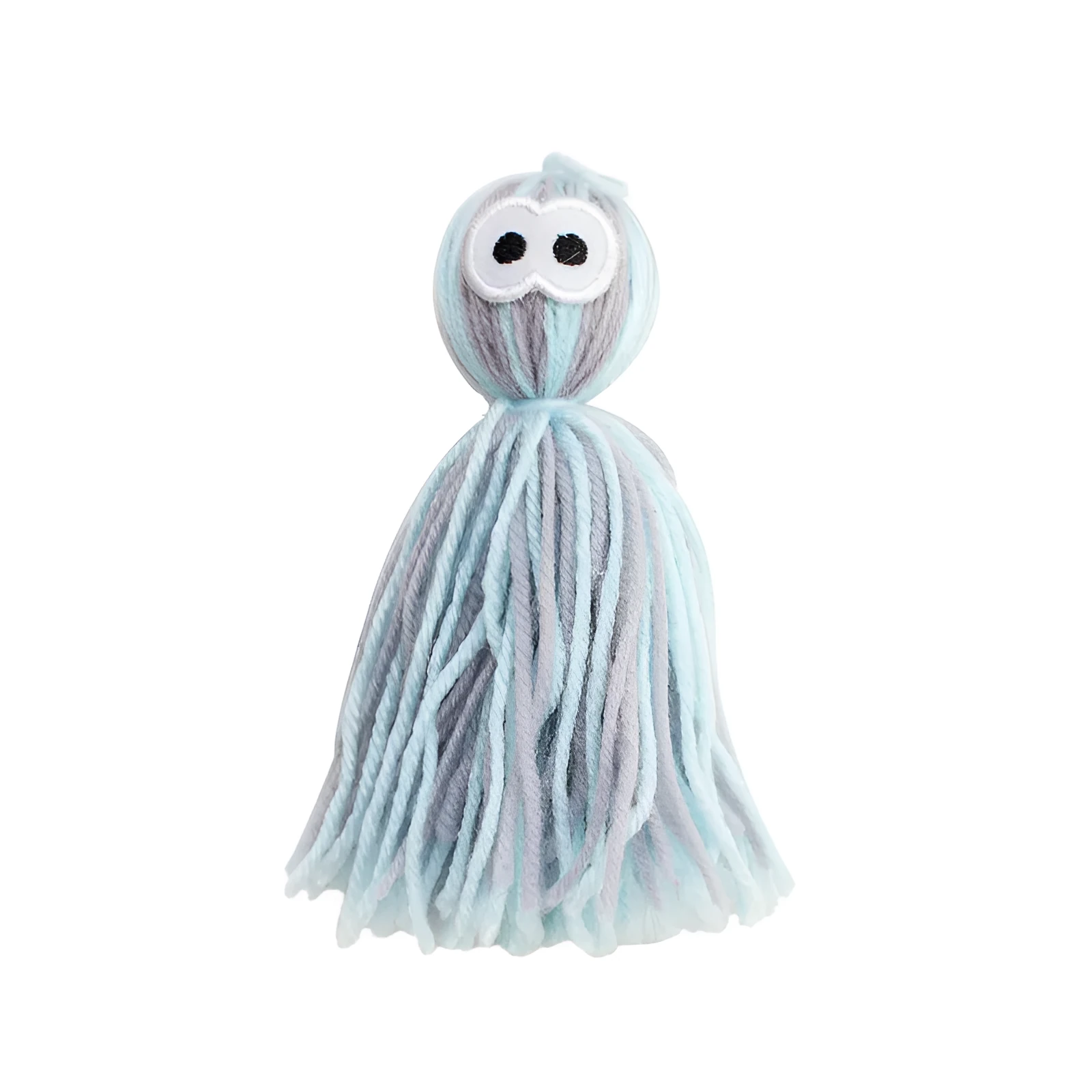 Hanging wool cat ball toy with teaser stick in blue grey, pink and blue, or pink purple colour options