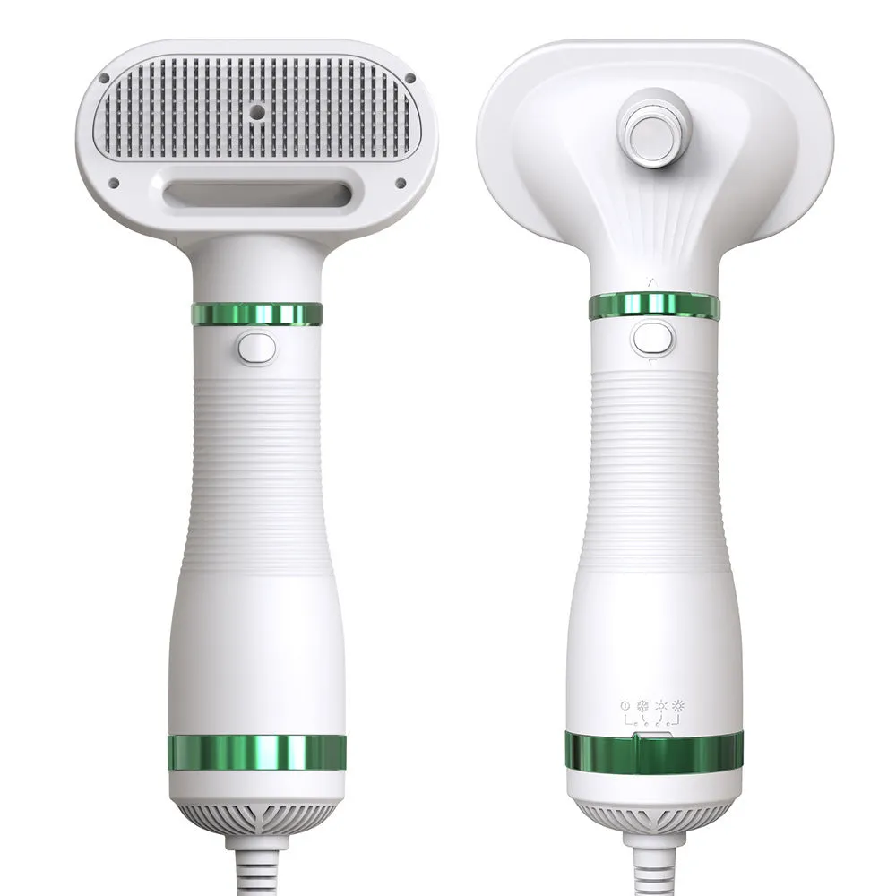 White 2-in-1 pet comb hair dryer with ergonomic handle and stainless steel needle comb